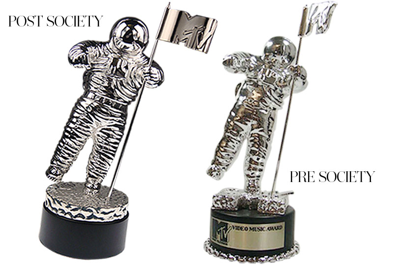 Two MTV VMA Moonmen, left was crafted by Society Awards and reflects our exceptional design and craftsmanship capabilities. Right is previous vendor.