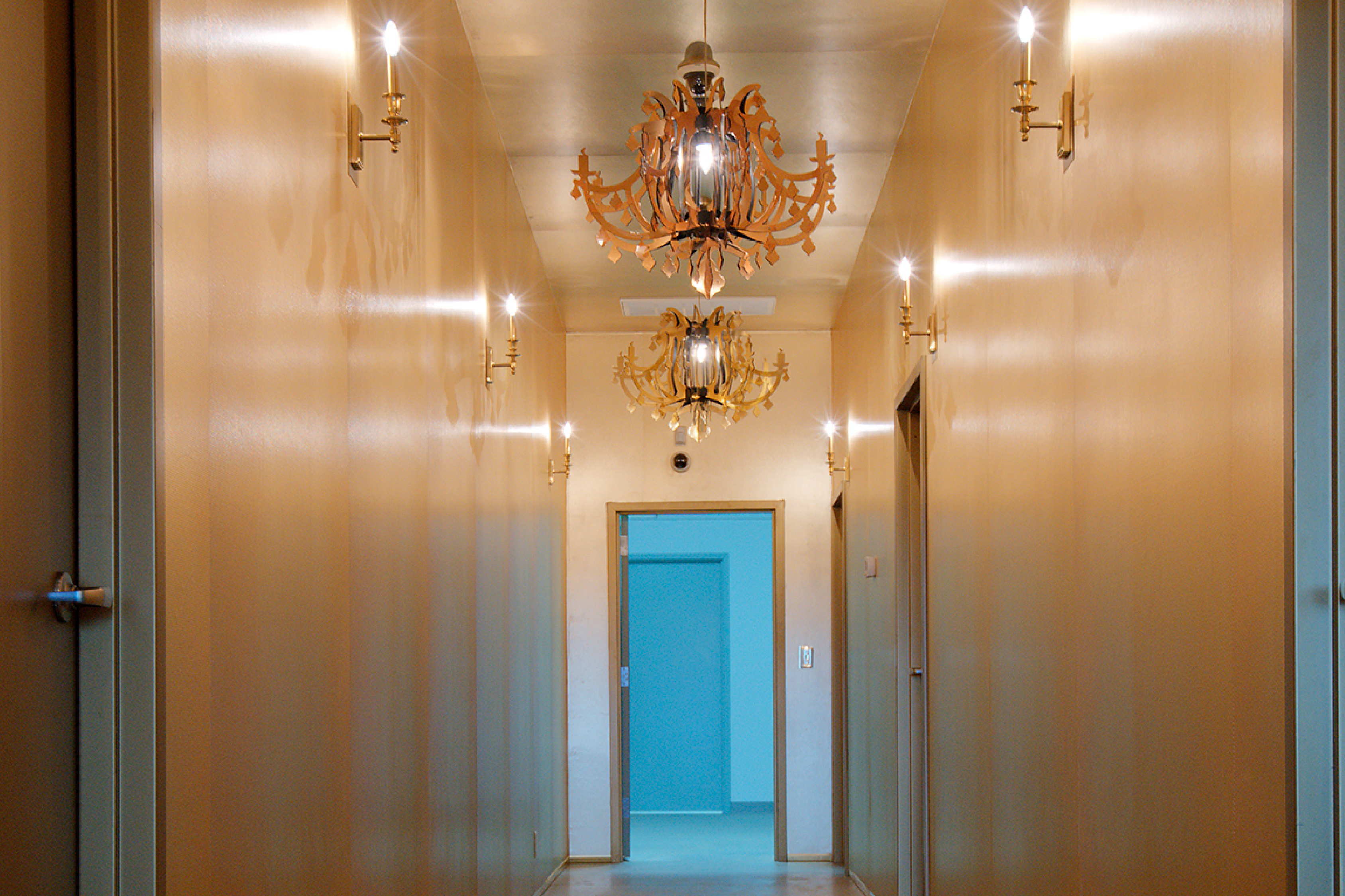 The metallic gold hallway in the Society Awards Production Facility