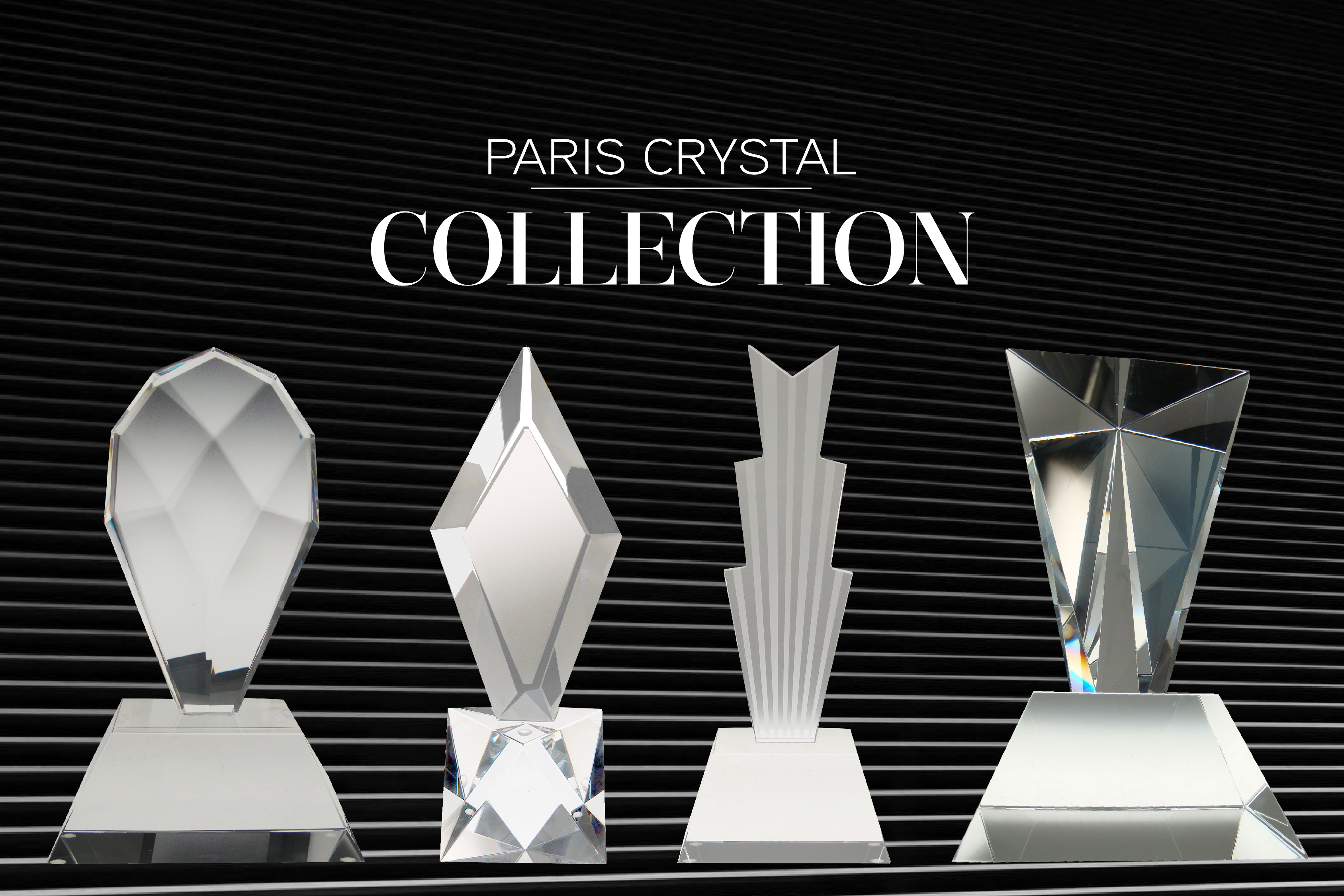 The four crystal trophy designs from the Paris Crystals exclusive collection of awards