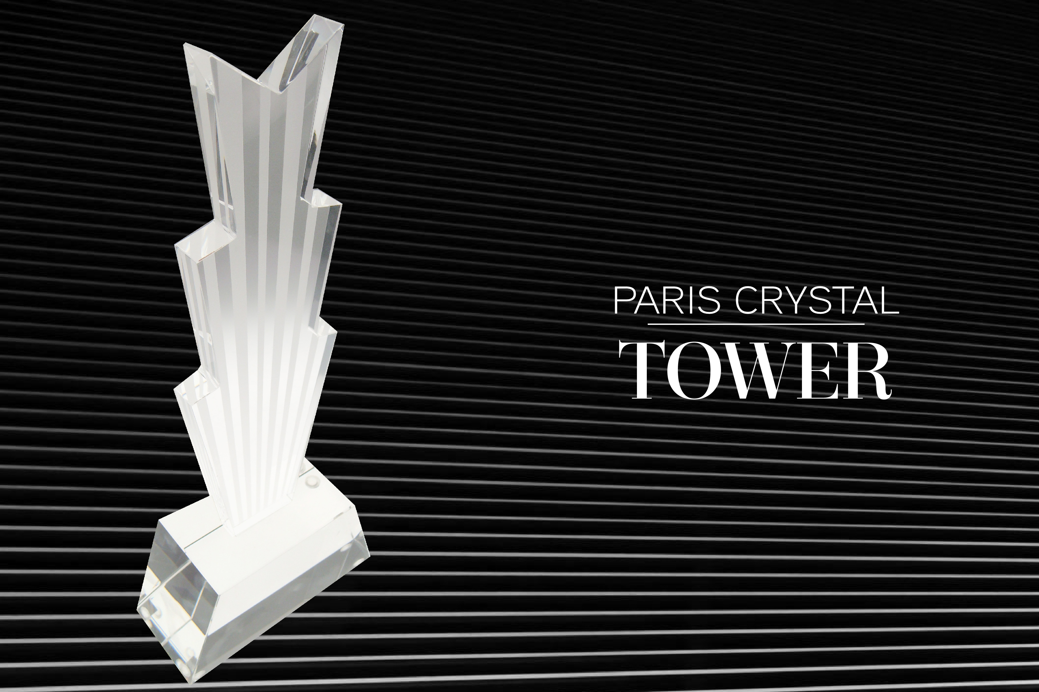 Tower plaque crystal award with sand etched stripes and stepped silhouette