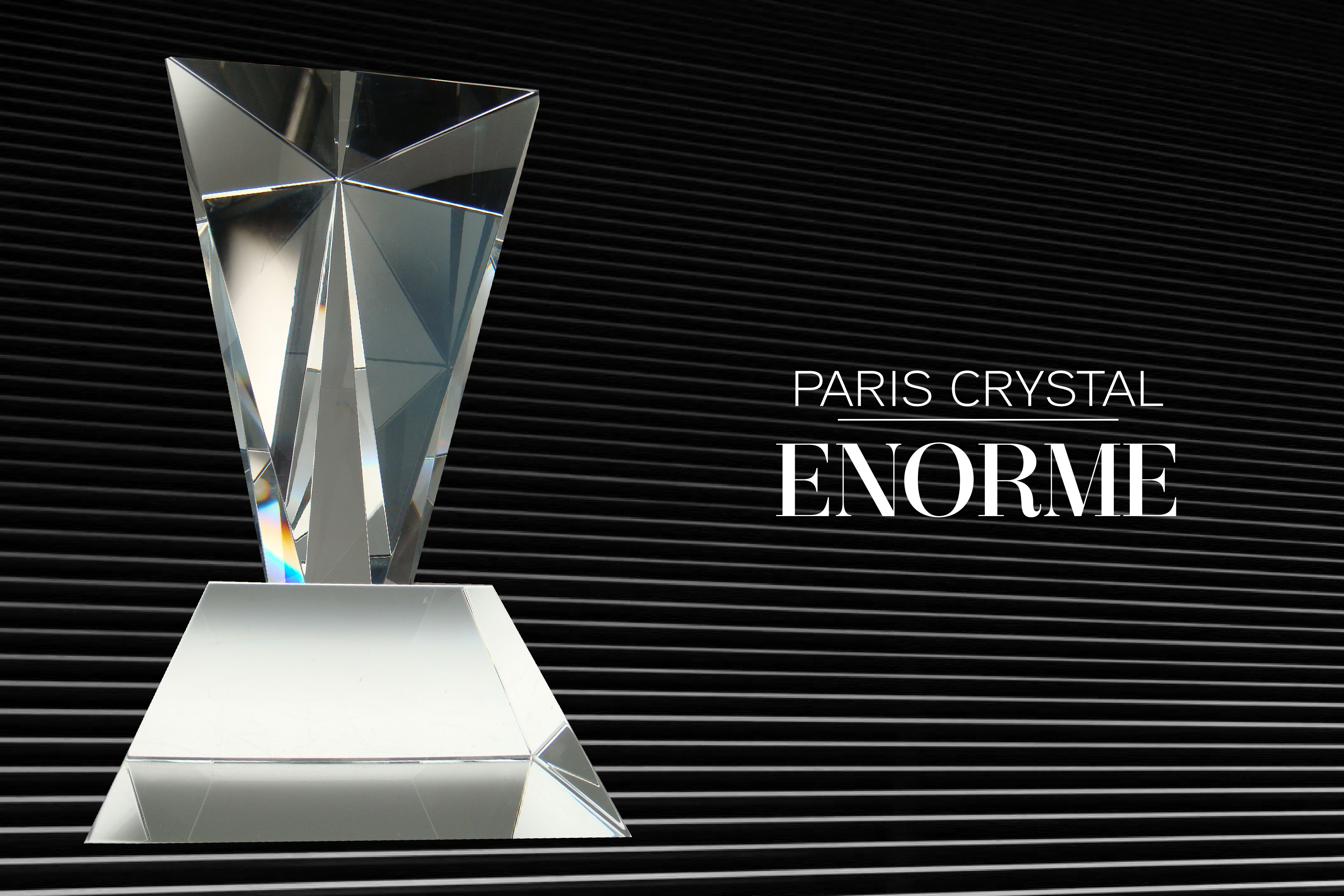 Large inverted pyramid crystal trophy mounted on base