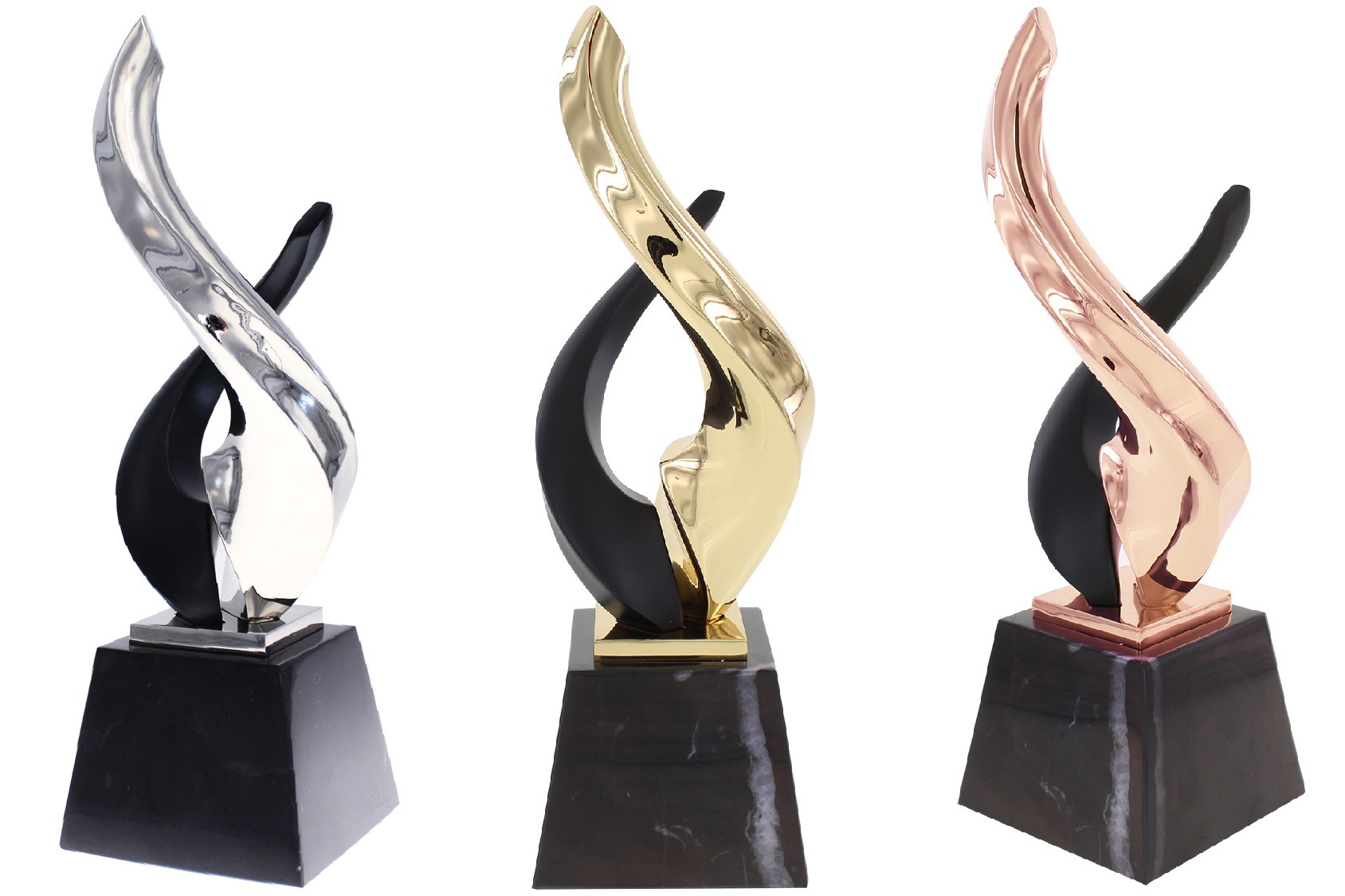 Three metal and marble trophies in gold, silver and bronze