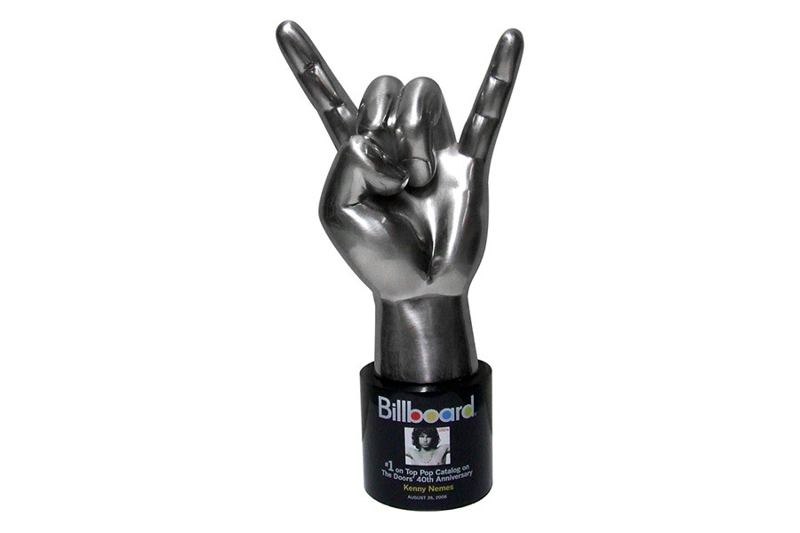 specially crafted rock on hand gesture trophy in satin silver