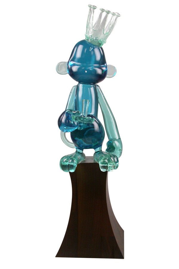 custom cast crystal gel translucent resin acrylic beautiful blue monkey award on solid wood base